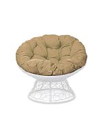 Кресло ПАПАСАН с ротангом белое, бежевая подушка