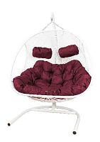 Подвесное кресло Добрыня  с ротангом белое ,бордовая подушка (Ткань оксфорд)