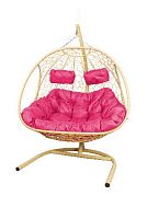 Подвесное кресло Добрыня  с ротангом бежевое,розовая  подушка (Ткань оксфорд)