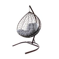 Подвесное кресло XL с ротангом коричневое, серая подушка