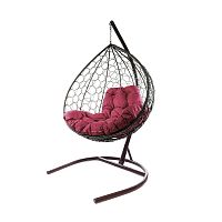 Подвесное кресло XL с ротангом коричневое, бордовая подушка