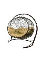 Подвесной диван УЛЕЙ с ротангом коричневый, бежевая подушка