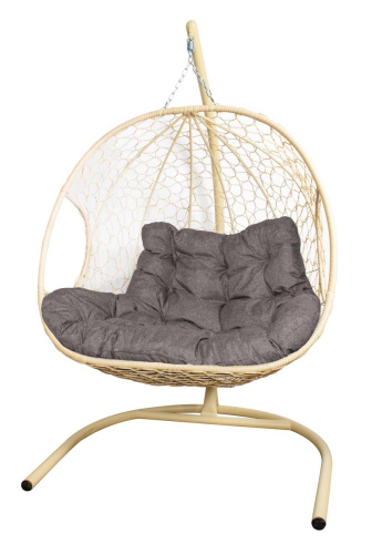 Подвесное кресло ДЛЯ ДВОИХ с ротангом бежевое, подушка Пепел - купить в интернет-магазине Diopt.ru