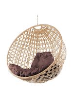 Подвесное кресло КРУГ ЛЮКС с ротангом, бежевое, коричневая подушка (БЕЗ СТОЙКИ)