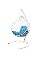 Подвесное кресло КАПЛЯ с ротангом белое, голубая подушка