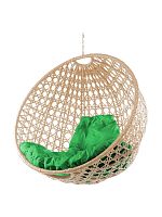 Подвесное кресло КРУГ ЛЮКС с ротангом, бежевое, зелёная подушка (БЕЗ СТОЙКИ)