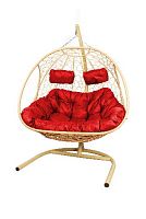 Подвесное кресло Добрыня  с ротангом бежевое,красная подушка (Ткань оксфорд)
