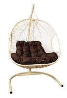 Подвесное кресло ДЛЯ ДВОИХ с ротангом бежевое, коричневая подушка