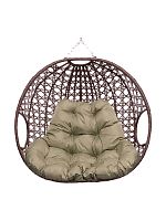 Подвесное кресло ДЛЯ ДВОИХ ЛЮКС, с ротангом, коричневый, бежевая подушка (БЕЗ СТОЙКИ)