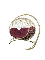 Подвесной диван УЛЕЙ с ротангом бежевый, бордовая подушка