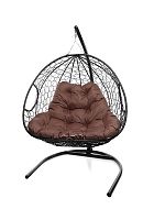 Подвесное кресло ДЛЯ ДВОИХ с ротангом чёрное, коричневая подушка