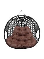 Подвесное кресло ДЛЯ ДВОИХ ЛЮКС, с ротангом, чёрный, коричневая подушка (БЕЗ СТОЙКИ)