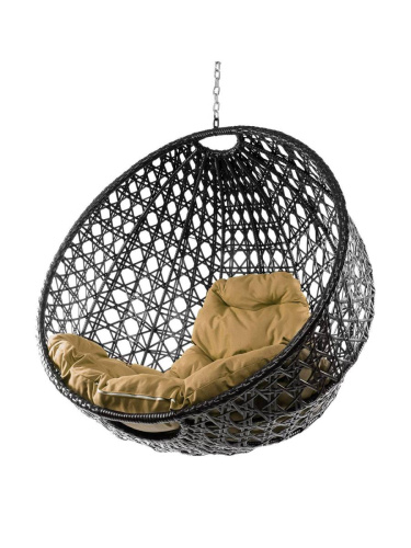 Подвесное кресло КРУГ ЛЮКС с ротангом, чёрный, желтый подушка (БЕЗ СТОЙКИ) - купить в интернет-магазине Diopt.ru