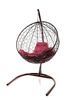 Подвесное кресло КРУГ с ротангом коричневое, бордовая подушка