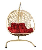 Подвесное кресло ДЛЯ ДВОИХ ЛЮКС с ротангом бежевое, красная подушка