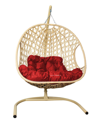 Подвесное кресло ДЛЯ ДВОИХ ЛЮКС с ротангом бежевое, красная подушка - купить в интернет-магазине Diopt.ru