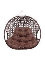 Подвесное кресло ДЛЯ ДВОИХ ЛЮКС, с ротангом, коричневый, коричневая подушка (БЕЗ СТОЙКИ)
