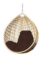 Подвесное кресло КАПЛЯ ЛЮКС с ротангом, бежевое, коричневая подушка (БЕЗ СТОЙКИ)