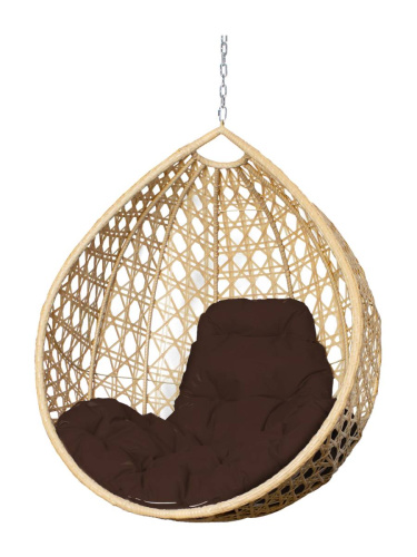 Подвесное кресло КАПЛЯ ЛЮКС с ротангом, бежевое, коричневая подушка (БЕЗ СТОЙКИ) - купить в интернет-магазине Diopt.ru
