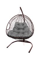 Подвесное кресло ДЛЯ ДВОИХ с ротангом коричневое, серая подушка