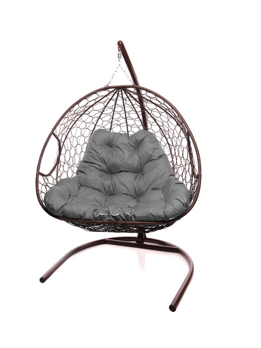 Подвесное кресло ДЛЯ ДВОИХ с ротангом коричневое, серая подушка - купить в интернет-магазине Diopt.ru