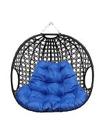 Подвесное кресло ДЛЯ ДВОИХ ЛЮКС, с ротангом, чёрный, синяя подушка (БЕЗ СТОЙКИ)