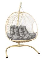 Подвесное кресло ДЛЯ ДВОИХ с ротангом бежевое, серая подушка