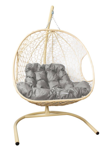 Подвесное кресло ДЛЯ ДВОИХ с ротангом бежевое, серая подушка - купить в интернет-магазине Diopt.ru