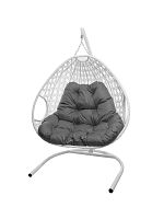 Подвесное кресло ДЛЯ ДВОИХ ЛЮКС с ротангом белое, серая подушка