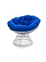 Кресло ПАПАСАН пружинка с ротангом белое, синяя подушка