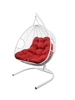 Подвесное кресло ДЛЯ ДВОИХ с ротангом белое, красная подушка
