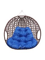 Подвесное кресло ДЛЯ ДВОИХ ЛЮКС, с ротангом, коричневый, синяя подушка (БЕЗ СТОЙКИ)