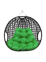 Подвесное кресло ДЛЯ ДВОИХ ЛЮКС, с ротангом, чёрный, зелёная подушка (БЕЗ СТОЙКИ)