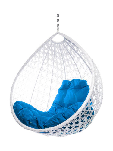 Подвесное кресло КАПЛЯ ЛЮКС с ротангом, белый, синяя подушка (БЕЗ СТОЙКИ) - купить в интернет-магазине Diopt.ru