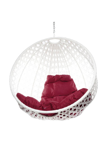 Подвесное кресло КРУГ ЛЮКС с ротангом, белый, бордовая подушка (БЕЗ СТОЙКИ) - купить в интернет-магазине Diopt.ru
