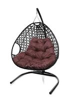 Подвесное кресло ДЛЯ ДВОИХ ЛЮКС с ротангом чёрное, бордовая подушка