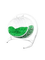 Подвесной диван УЛЕЙ с ротангом белый, зелёная подушка