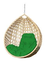 Подвесное кресло КАПЛЯ ЛЮКС с ротангом, бежевое, зелёная подушка (БЕЗ СТОЙКИ)