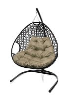 Подвесное кресло ДЛЯ ДВОИХ ЛЮКС с ротангом чёрное, бежевая подушка