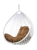 Подвесное кресло КАПЛЯ ЛЮКС с ротангом, белый, бежевая подушка (БЕЗ СТОЙКИ)