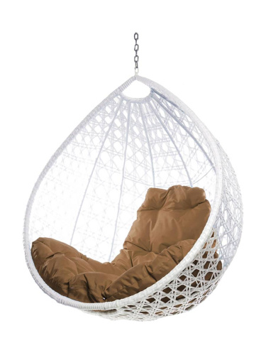 Подвесное кресло КАПЛЯ ЛЮКС с ротангом, белый, бежевая подушка (БЕЗ СТОЙКИ) - купить в интернет-магазине Diopt.ru