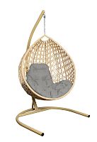 Подвесное кресло КАПЛЯ ЛЮКС с ротангом бежевое, серая подушка