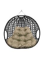 Подвесное кресло ДЛЯ ДВОИХ ЛЮКС, с ротангом, чёрный, бежевая подушка (БЕЗ СТОЙКИ)