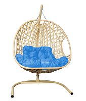 Подвесное кресло ДЛЯ ДВОИХ ЛЮКС с ротангом бежевое, голубая подушка