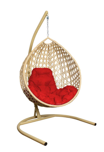 Подвесное кресло КАПЛЯ ЛЮКС с ротангом бежевое, красная подушка - купить в интернет-магазине Diopt.ru