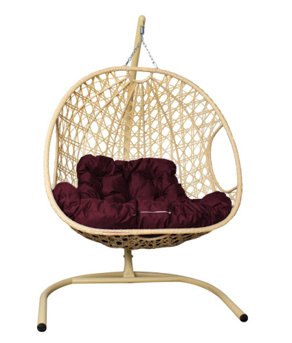 Подвесное кресло ДЛЯ ДВОИХ ЛЮКС с ротангом бежевое, бордовая подушка - купить в интернет-магазине Diopt.ru