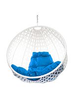 Подвесное кресло КРУГ ЛЮКС с ротангом, белый, синяя подушка (БЕЗ СТОЙКИ)