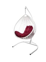 Подвесное кресло КАПЛЯ ЛЮКС с ротангом белое, бордовая подушка