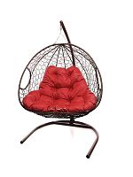 Подвесное кресло ДЛЯ ДВОИХ с ротангом коричневое, красная подушка
