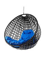 Подвесное кресло КРУГ ЛЮКС с ротангом, чёрный, синяя подушка (БЕЗ СТОЙКИ)